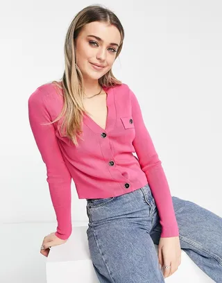 New Look knit cardigan with shoulder pad detail in pink