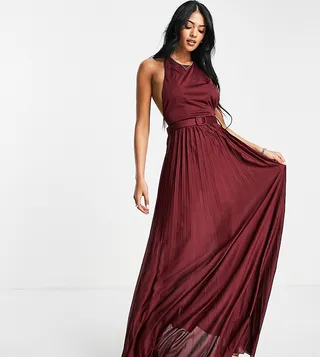 ASOS DESIGN Tall halter belted pleated maxi dress in red
