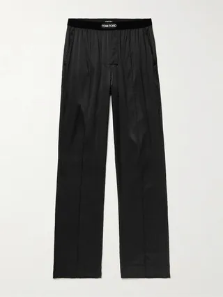 Velvet-Trimmed Stretch-Silk Satin Pyjama Trousers