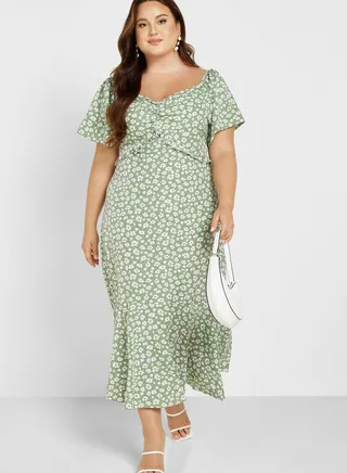 Frill Ruched Neck Printed Dress