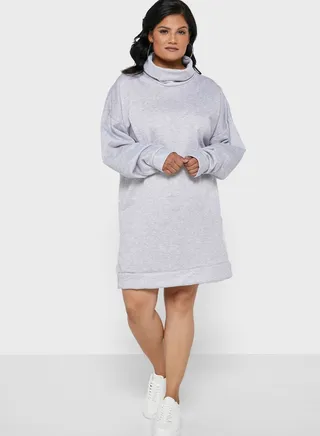 Grey Plus Sweat Funnel Neck Dress