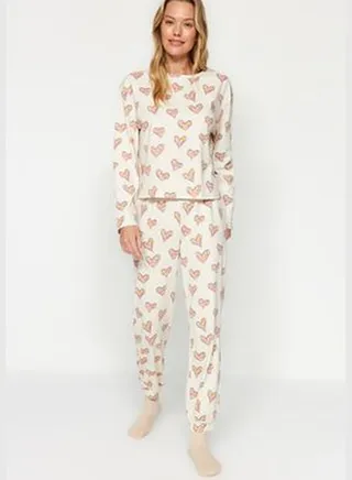Cream 100% Cotton T-shirt-Jogger Knitted Pajamas Set THMAW24PT00116.