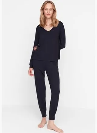 Navy Blue V-Neck Knitted Pajamas Set THMAW21PT0062