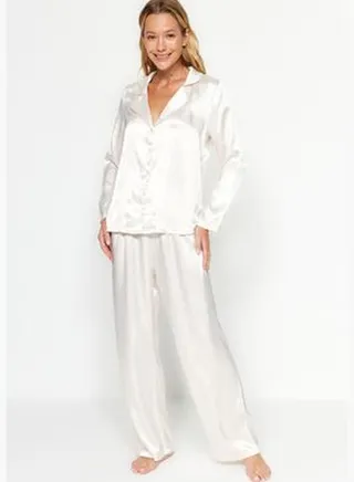 Ecru Premium Animal Patterned Satin Shirt-Pants Weave Pajamas Set THMAW24PT00001