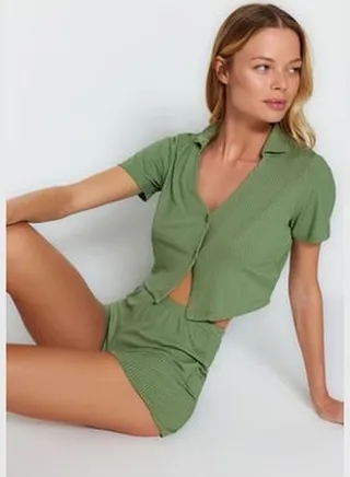 Dark Green Crop Camisole Knitted Pajamas Set THMSS22PT0308