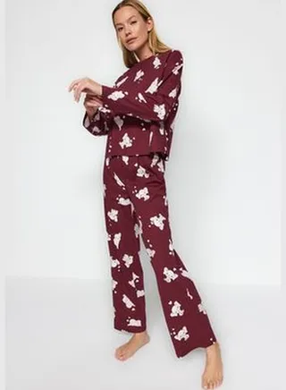Claret Red 100% Cotton Elephant Patterned Tshirt-Pants and Knitted Pajamas Set THMAW24PT00138.