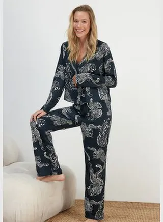 Anthracite Leopard Pattern Shirt-Pants Woven Pajamas Set THMAW24PT00092.