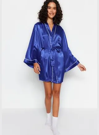 Sax Piping Detailed Wide Sleeve Satin Woven Dressing Gown THMSS23SB00017