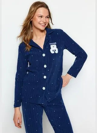 Navy Blue Fleece Polka Dot Animal Print Shirt-Pants Knitted Pajamas Set THMAW24PT00176