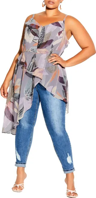 Paradise Palm Asymmetric Ruffle Tunic Tank