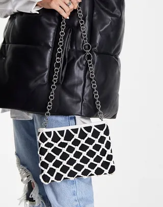 Topshop PU string canvas shoulder bag with chain