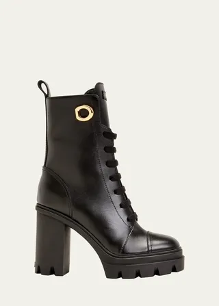 Leather Lace-Up Heeled Booties