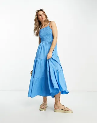 ASOS DESIGN square neck shirred maxi sundress in bright blue