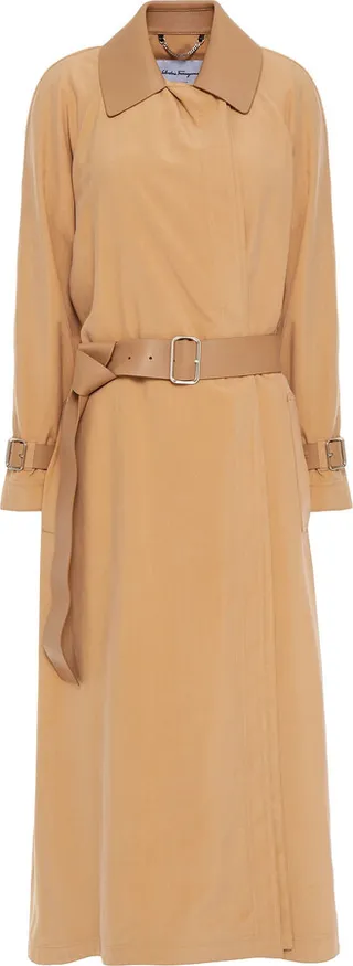Leather-trimmed washed-silk trench coat