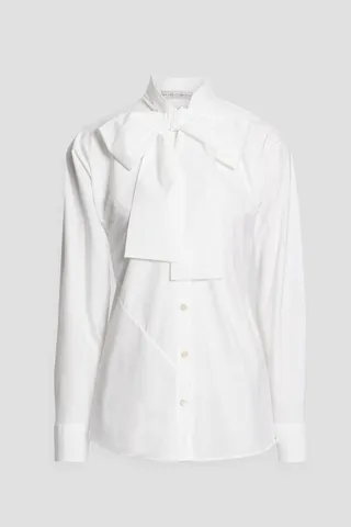 Pussy-bow cotton-blend poplin blouse