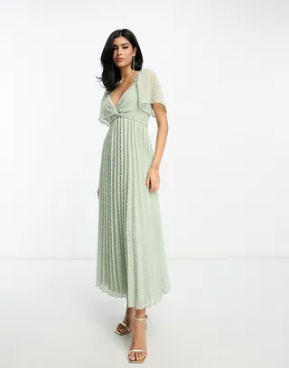 ASOS DESIGN twist front angel sleeve textured midi dress in sage green