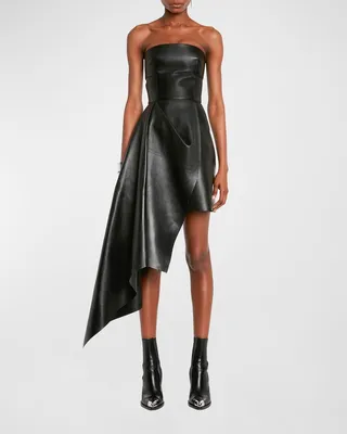 Asymmetric Drape Leather Bustier Mini Dress