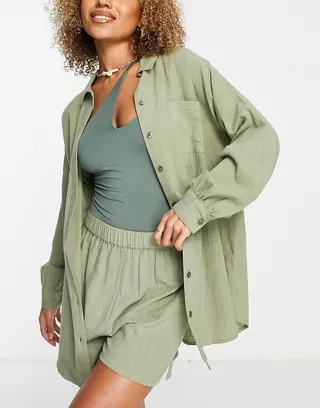 ASOS DESIGN textured button up beach shirt in khaki - part of a set