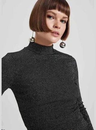 Woman Slim Fit Mock Neck Knitted Long Sleeve T-Shirt