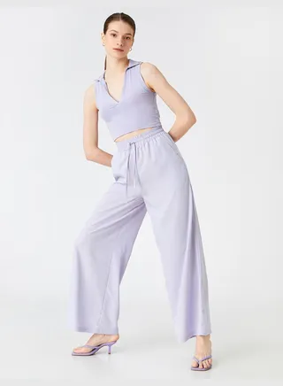 Wide Leg Trousers Pocket Drawstring Modal Blended