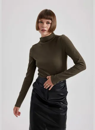 Woman Slim Fit Turtle Neck Knitted Long Sleeve T-Shirt