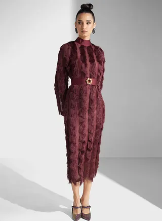 Fur Detail Belted Dress