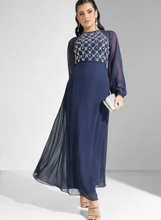 Embellished Mesh Sleeve Dress