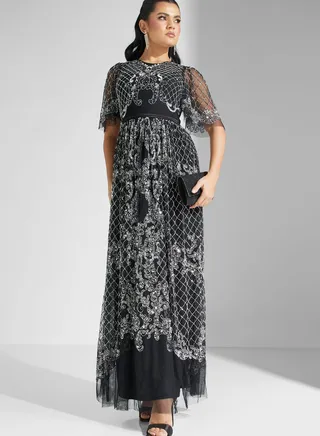 Embellished Mesh Detail Tiered Dress