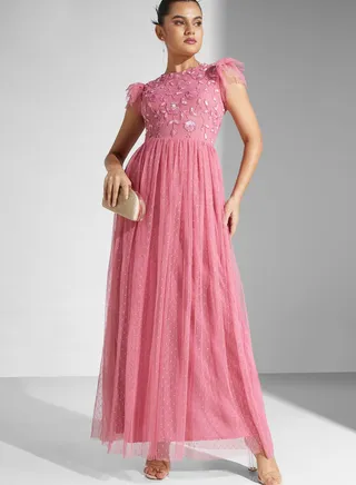 Embroidered Mesh Tiered Dress