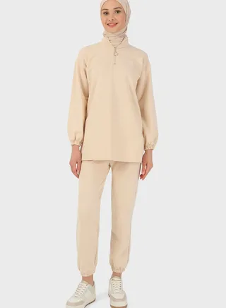 Zip Neck Puff Sleeve Top & Pants Set