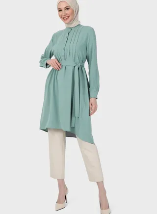Buttoned Neck Belted Tunic