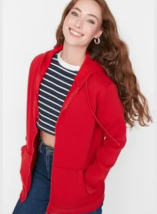 Red Oversize/Wide Fit Zippered Hooded Thick Fleece Inner Sweatshirt TWOAW21SW0840.