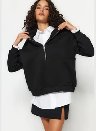Black Oversize/Cross-fitting Fit Half-Zip Firm Fleece Inside Knitted Sweatshirt TWOAW24SW00416.