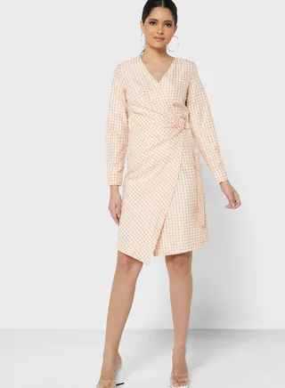 Checkered Wrap Detail Dress