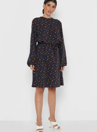 Drawstring Detail Printed Dress