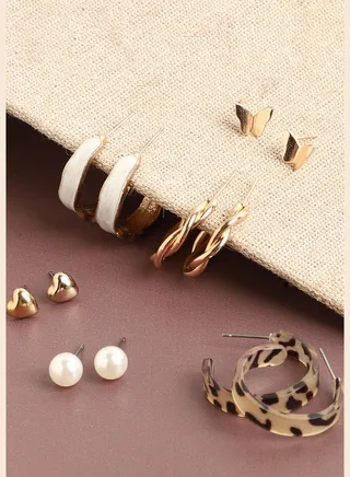 Set of 6 Gold Plated Casual Pearls Stud and Hoop Earring For Women