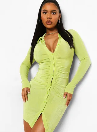 Ruched Button Down Ribbed Dress