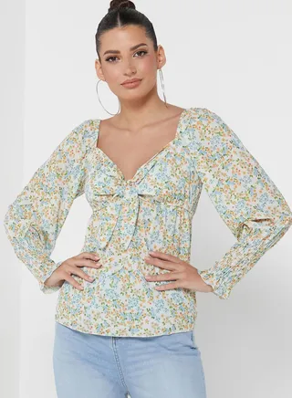 Tie Detail Floral Print Top