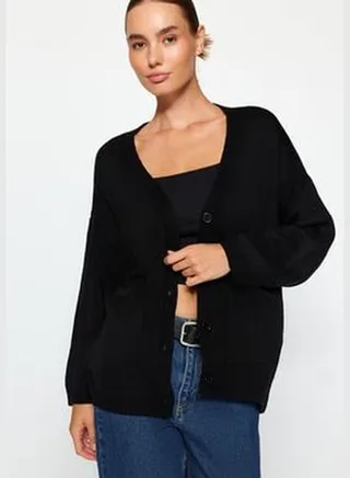 Black Wide Fit Midi Basic Knitwear Cardigan TWOAW23HI00105
