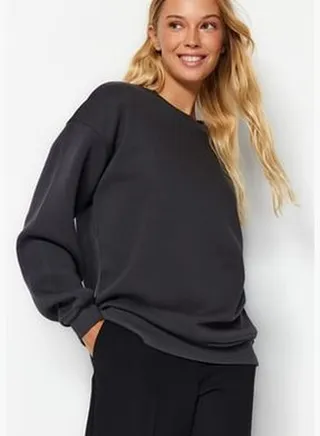 Anthracite Oversize/Comfortable fit Basic Crew Neck Thick/Fleece Knitted Sweatshirt TWOAW24SW00102.