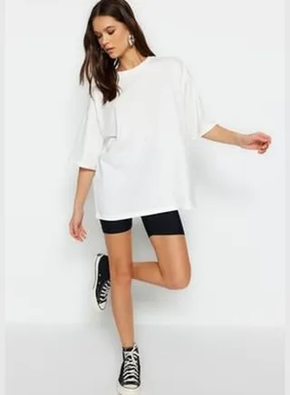 Ecru 100% Cotton Premium Oversized/Wide Fit Crew Neck Knitted T-Shirt TWOSS23TS00040