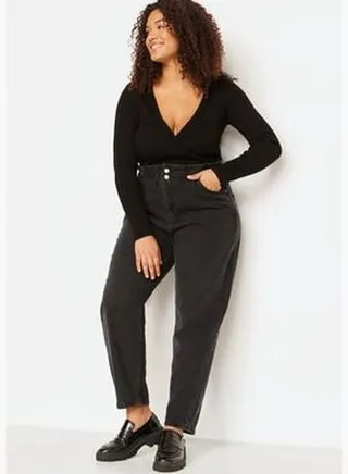 Anthracite High Waist Elastic Waist Mom Jeans.