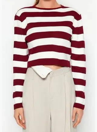 Claret Red Crop Basic Striped Knitwear Sweater TWOAW23KZ00034