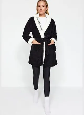 Wellsoft Knitted Dressing Gown with Pocket and Motto Embroidery THMAW24SB00017