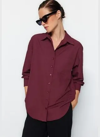 Dark Claret Red One Pocket Boyfriend Woven Cotton Shirt TWOAW20GO0115
