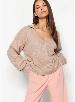 Light Brown Polo Collar Knitwear Sweater TWOAW24KZ00292