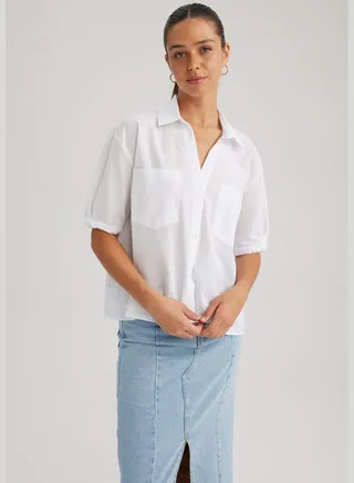 Relax Fit Shirt Collar Balloon Sleeve Jacket Cotton Crop