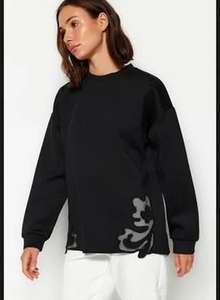 Black Lace Detail Diver/Scuba Knit Sweatshirt TCTAW24TW00008.