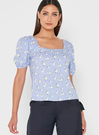 Floral Puff Sleeve Top with Square Neck
