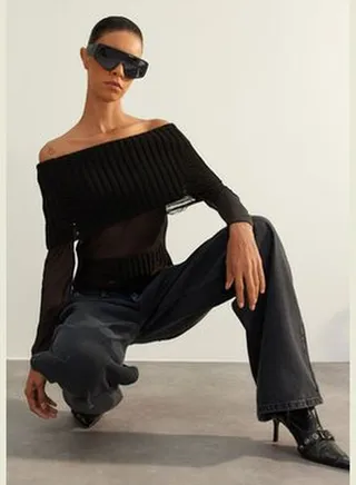 Limited Edition Black Sheer Carmen Collar Knitwear Sweater TWOAW24KZ01245